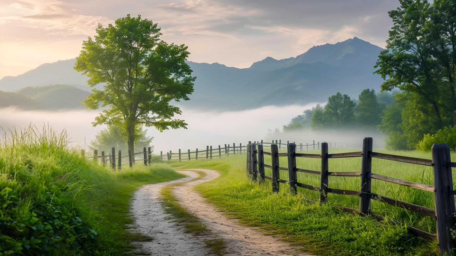 ai gegenereerd rustig landelijk vroeg ochtend- . kronkelend aarde pad is prominent, leidend de kijker oog door de het omringd door weelderig groen. hout hek loopt naast de pad. ai gegenereerd foto