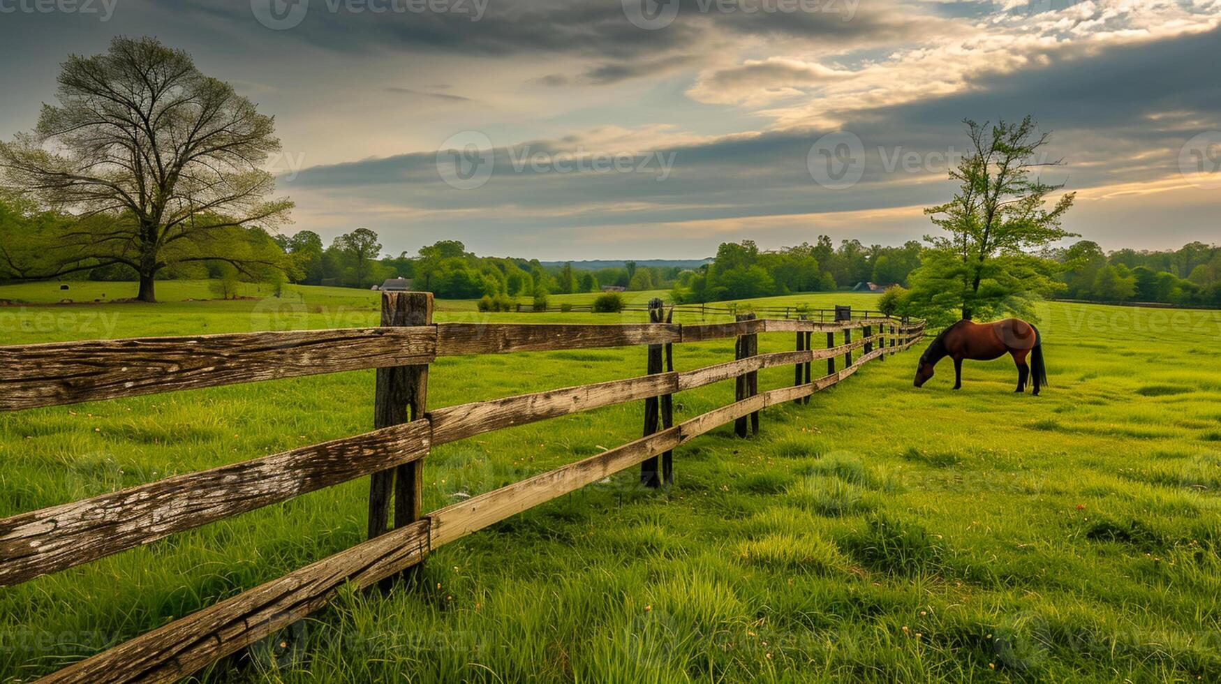 ai gegenereerd spleet het spoor hek strekt zich uit aan de overkant de platteland, verdelen de weelderig groen velden, en paard schaafwonden vredig dichtbij, lang blootstelling fotografie ai gegenereerd foto