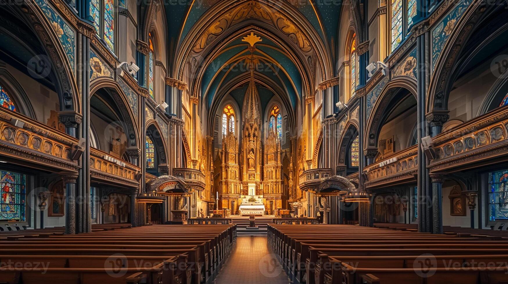 ai gegenereerd foto van de interieur van groots kerk met ingewikkeld bouwkundig details. hout kerkbanken zijn uitgelijnd in rijen leidend omhoog naar de altaar ai gegenereerd