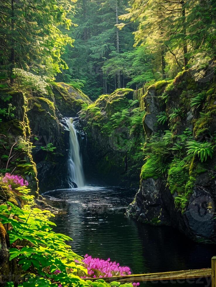 ai gegenereerd sereen beeld vangt pittoreske tafereel van natuur met waterval, Woud, vijver en rotsachtig ai gegenereerd foto