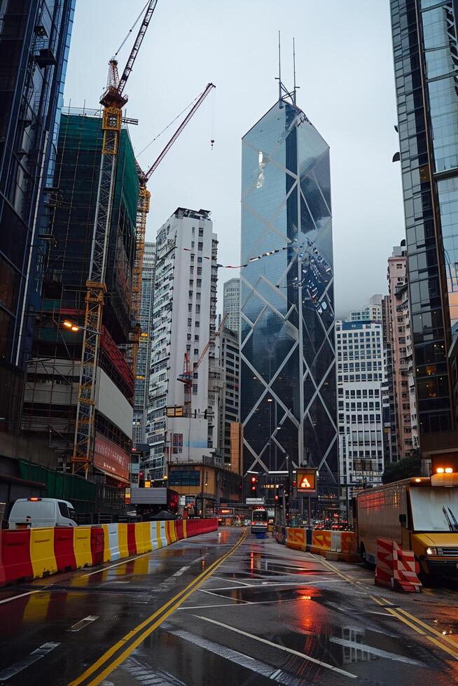 ai gegenereerd beeld vangt bruisend stedelijk tafereel met torenhoog gebouwen van modern bouwkundig ontwerpen. prominent gebouw met uniek diamant vormig patroon is centraal in de afbeelding. ai gegenereerd foto