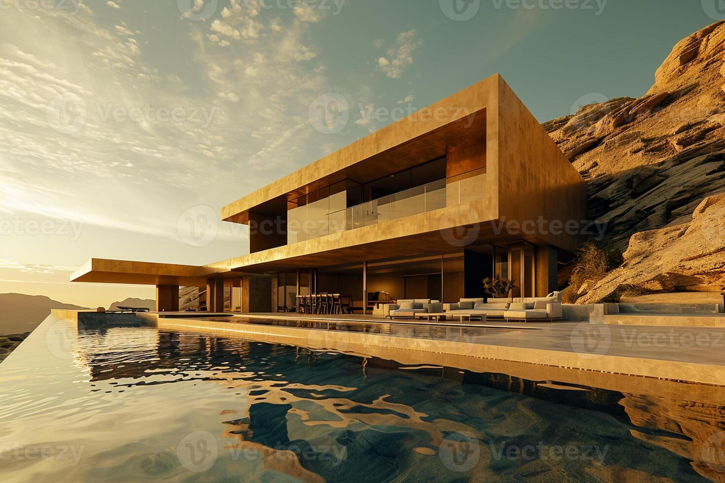 ai gegenereerd luxe gouden huis buitenkant in de woestijn, sereen oceanisch uitzicht ai gegenereerd foto