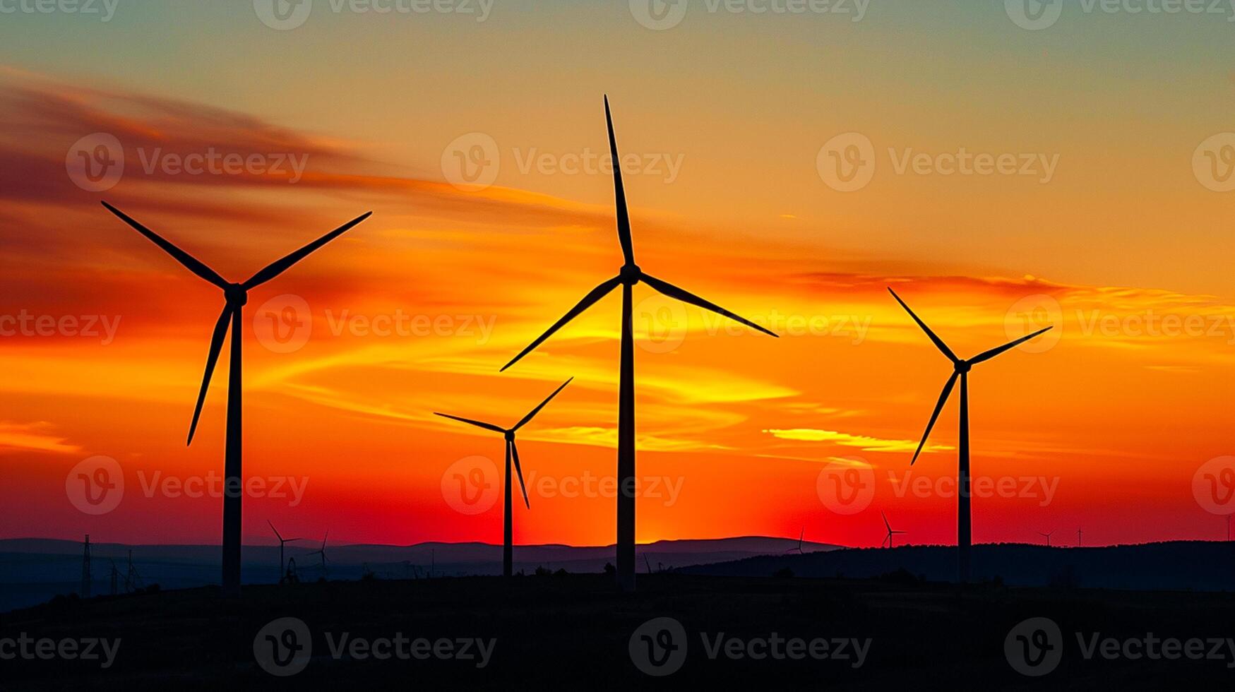 ai gegenereerd foto van wind turbines aftekenen tegen levendig zonsondergang. hieronder de horizon zou moeten worden verduisterd landschap, vredig instelling ai gegenereerd