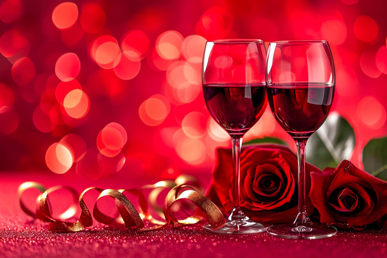 ai gegenereerd Valentijnsdag dag of romantisch concept. twee bril Liaan met roos rood bokeh achtergrond ai gegenereerd foto