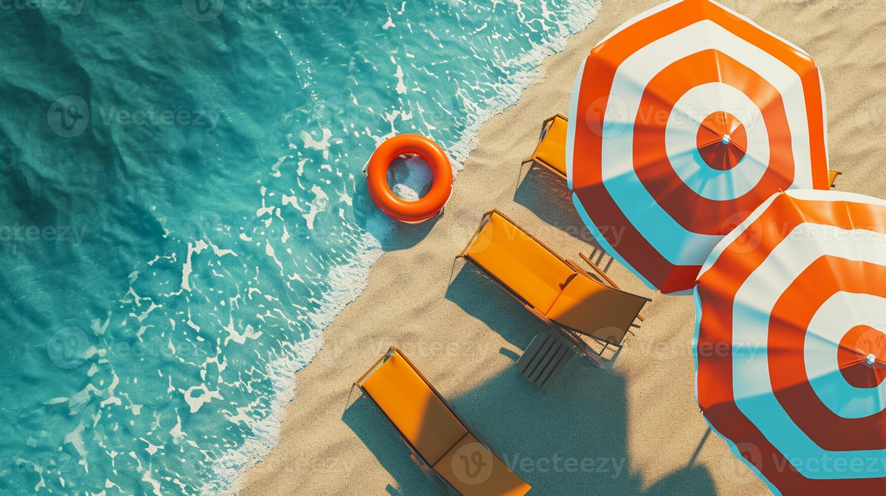 ai gegenereerd strand paraplu stoelen, opblaasbaar ring Aan strand zand. zomer vakantie concept.top visie ai gegenereerd foto