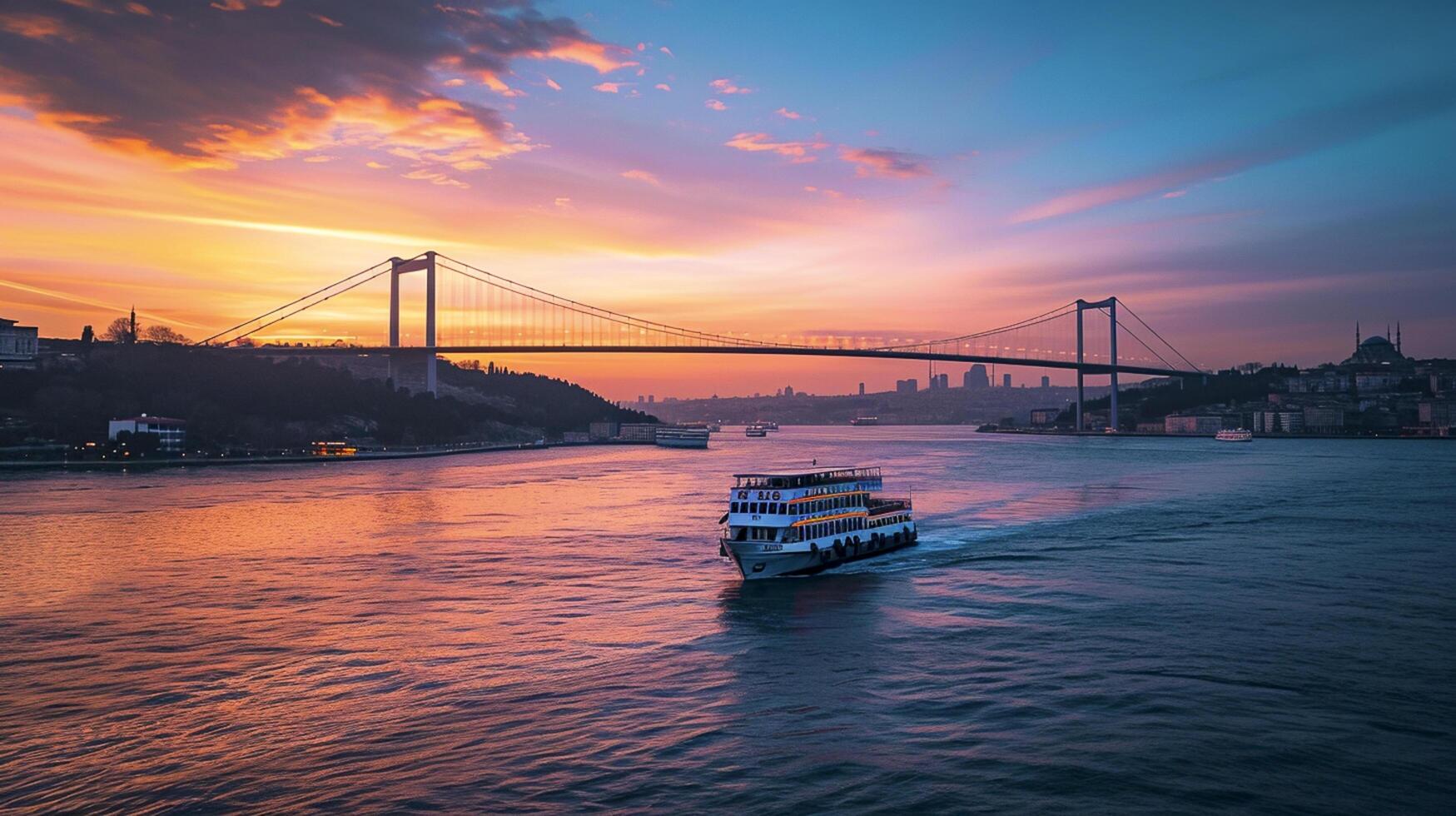 ai gegenereerd visie van een boot kruispunt een rivier- met een suspensie brug overspannende het Bij zonsondergang ai gegenereerd foto