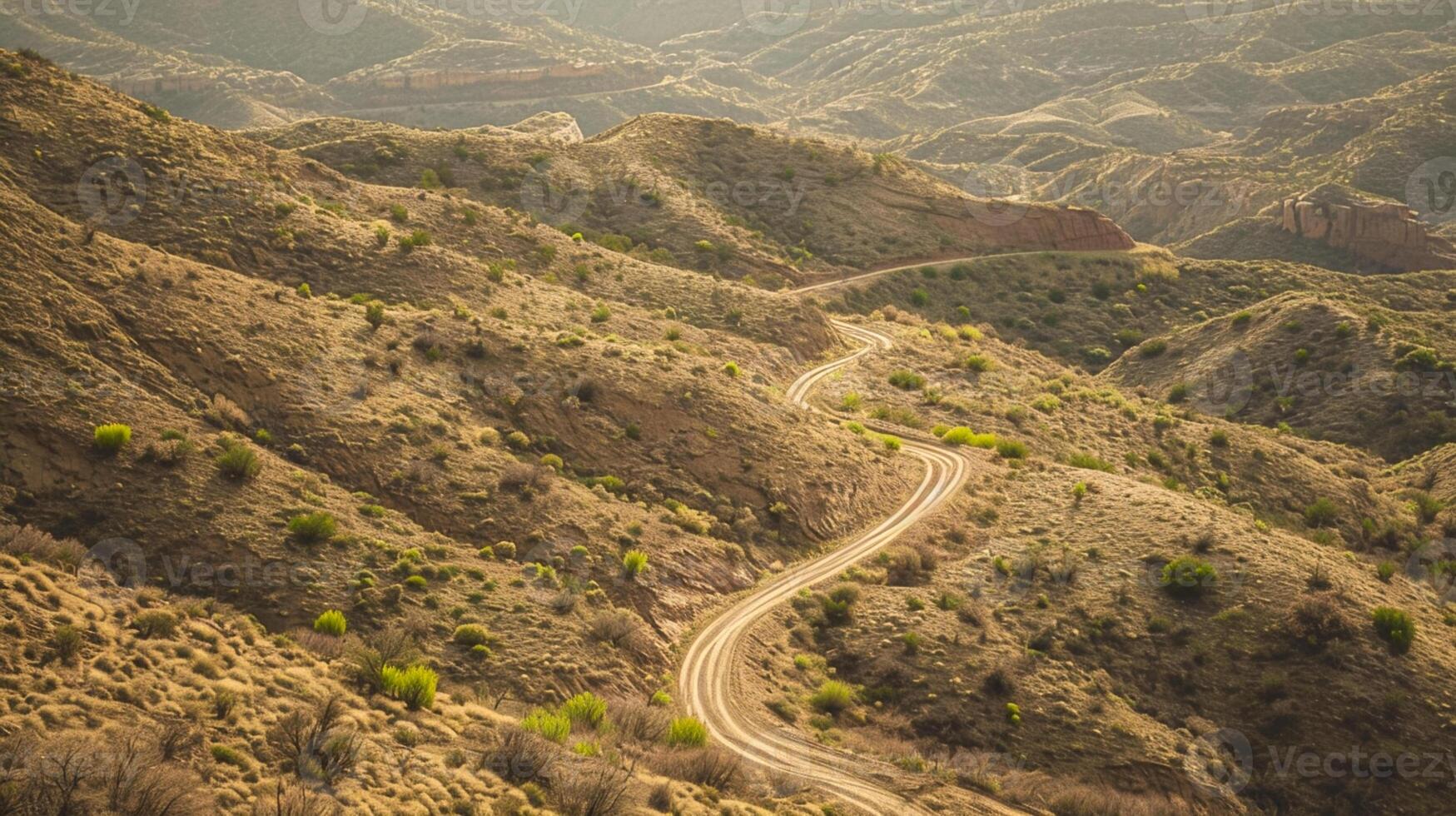 ai gegenereerd foto van versmallen weg snijdend door robuust en dun landschap. de weg zou moeten worden onverhard en kronkelend haar manier bergop temidden van de bruinig groen terrein. ai gegenereerd