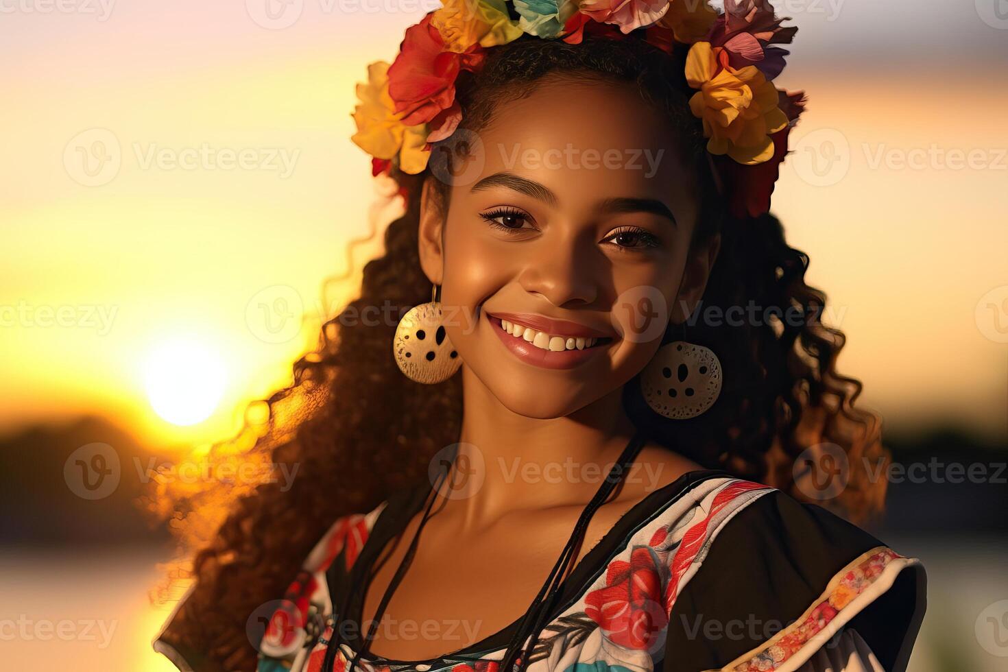 Nicaraguaanse traditioneel danser in centraal Amerikaans kostuum Bij zonsondergang foto