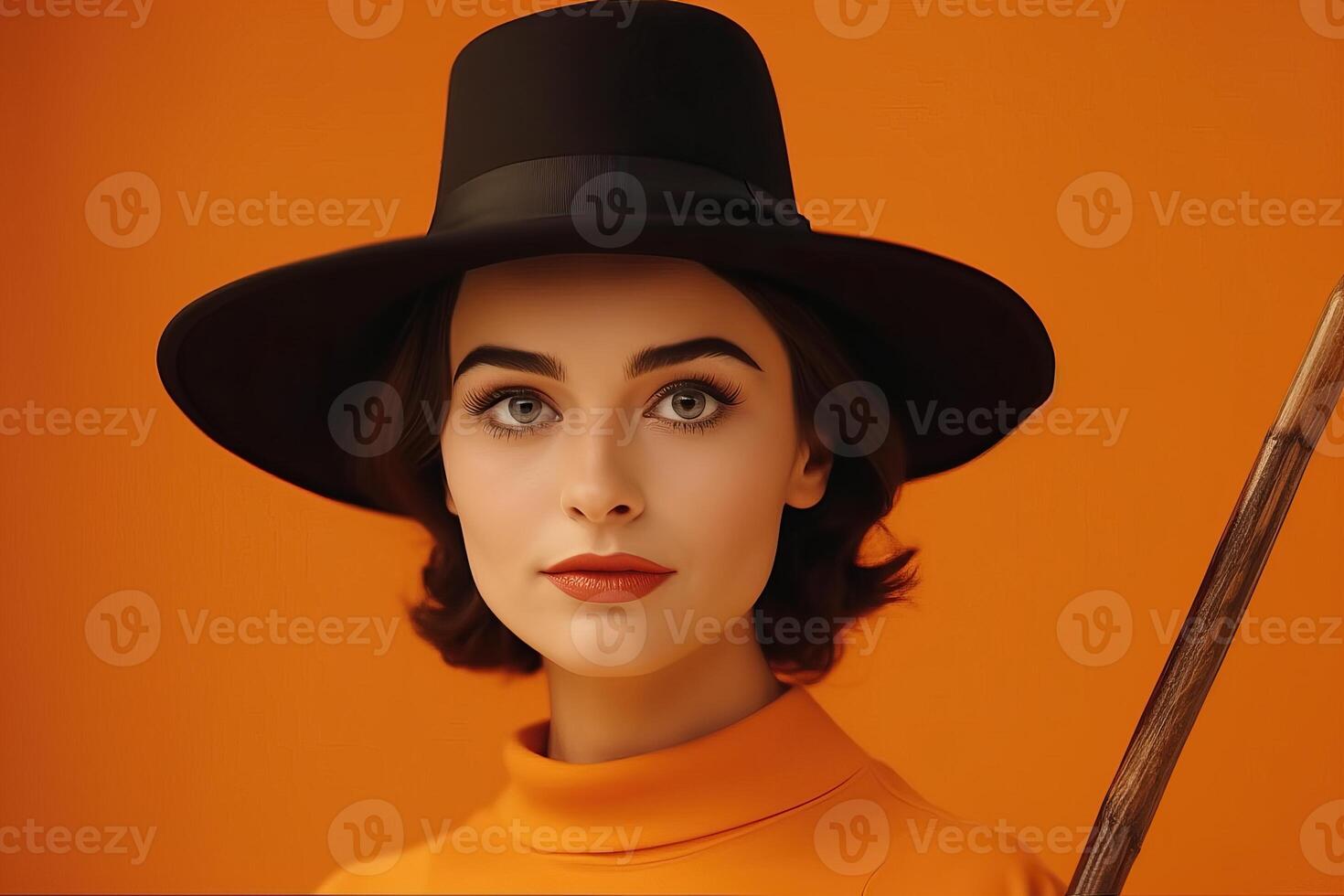 ai gegenereerd charmant heks Holding bezem, poseren Aan oranje achtergrond foto