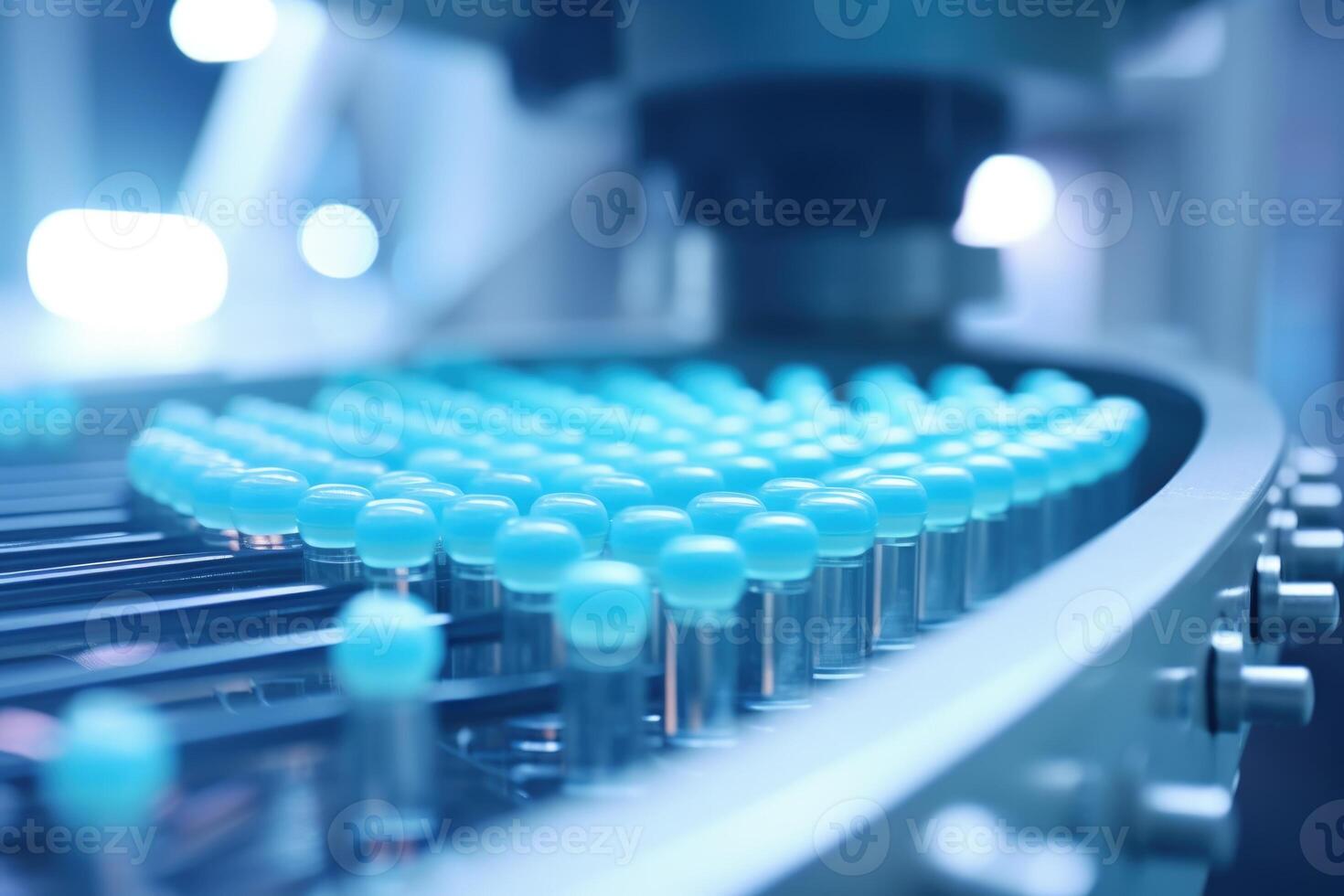 ai gegenereerd blauw capsules in beweging Aan transportband in farmaceutisch fabriek foto