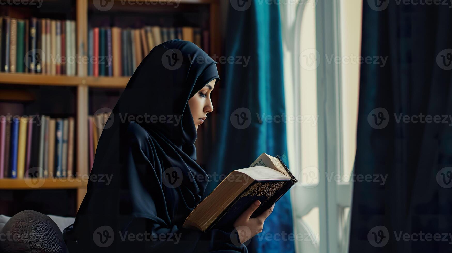 ai gegenereerd Islamitisch vrouw aan het studeren, gefocust onderwijs en concentratie foto