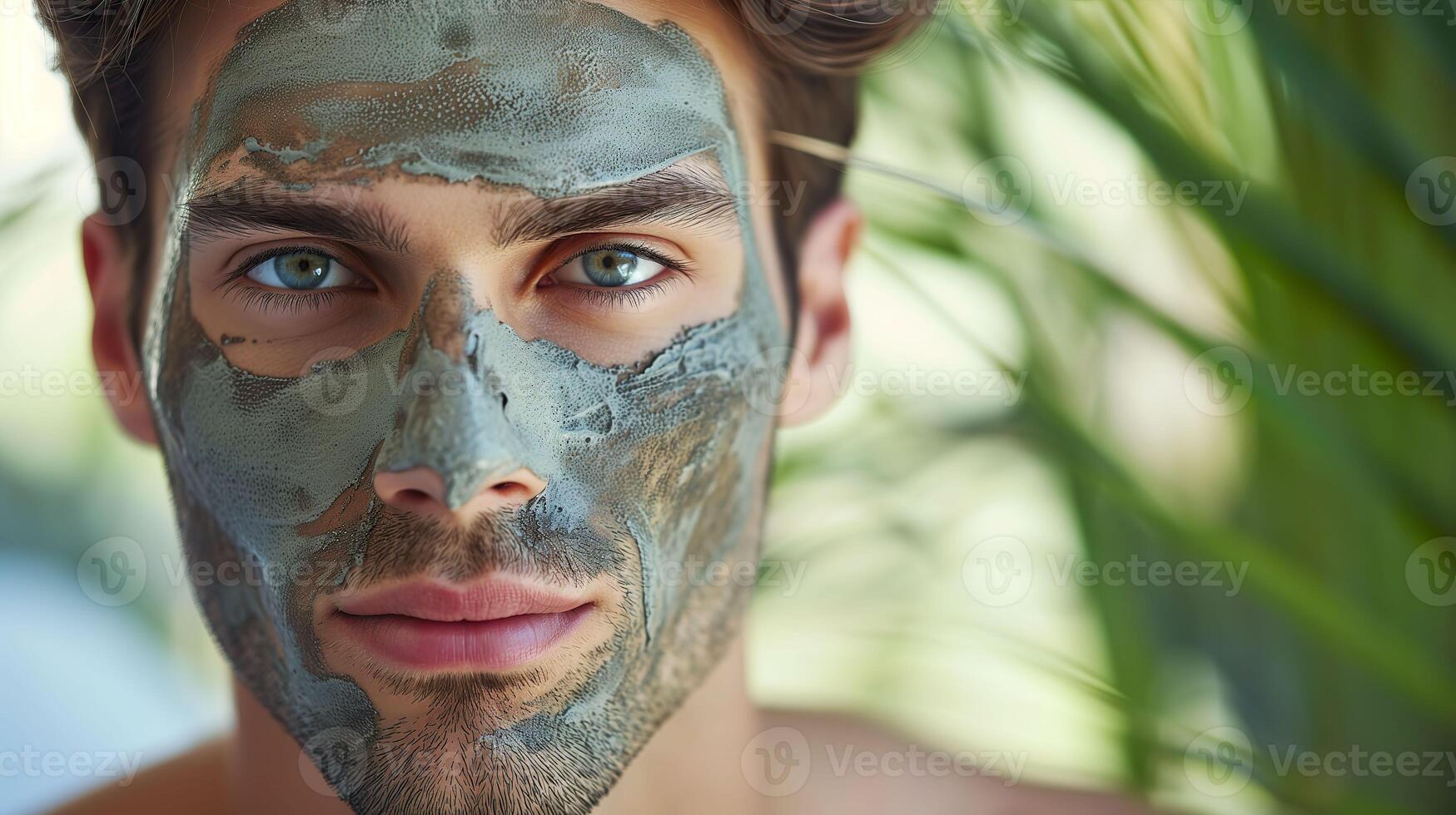 ai gegenereerd sereen schoonheid, knap Mens met klei masker in rustig spa foto