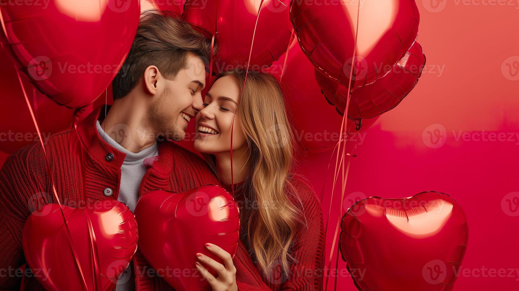 ai gegenereerd gelukkig jong paar met hartvormig ballonnen, levendig kleuren, en vreugde foto