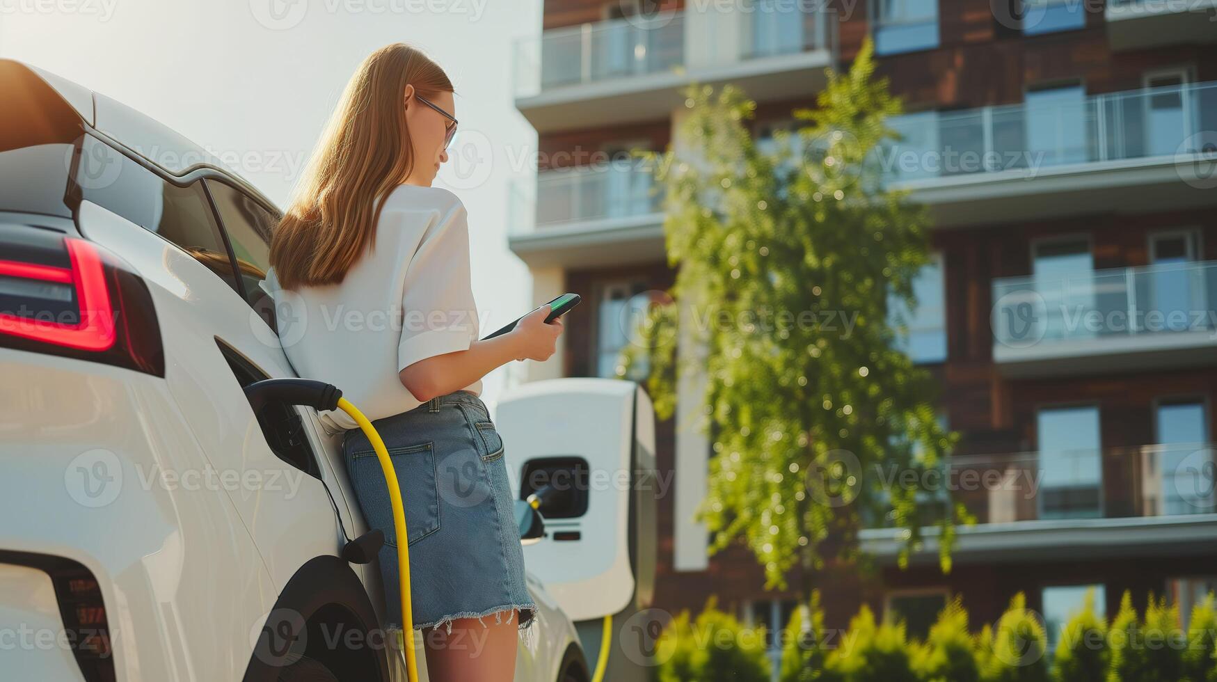 ai gegenereerd dichtbij omhoog van een progressief zakenvrouw pratend Aan smartphone door een elektrisch auto Bij opladen station foto