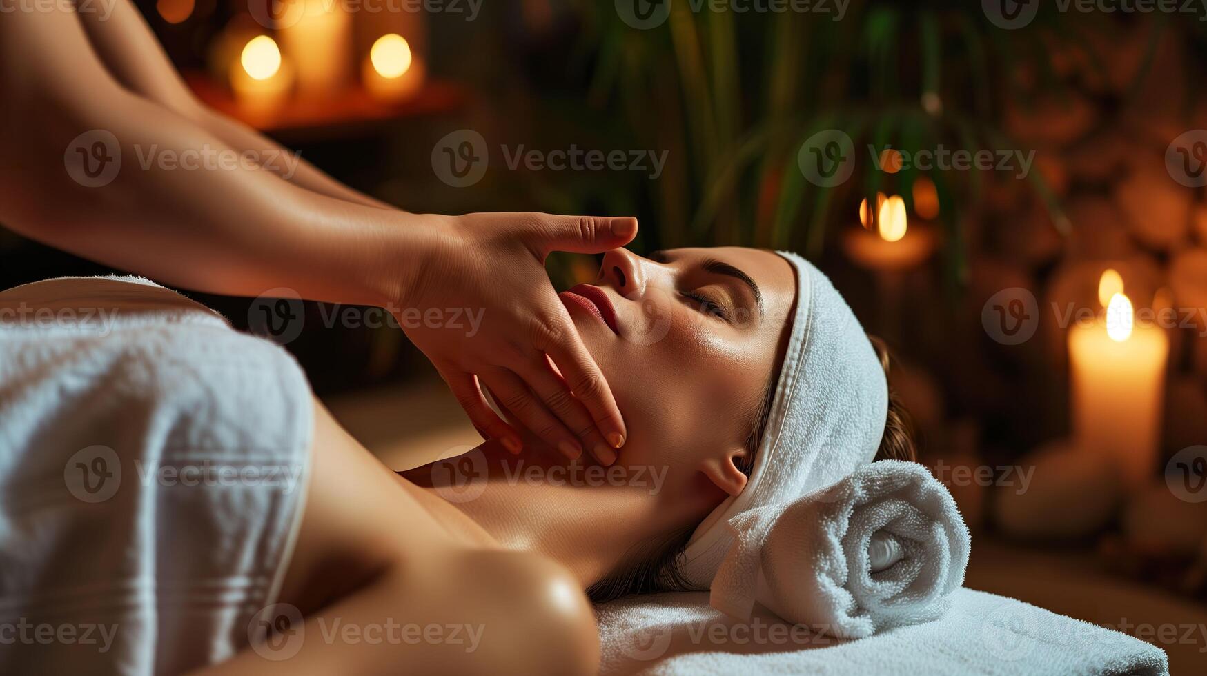 ai gegenereerd spa kalmte ontspannen vrouw genieten van een terug massage foto