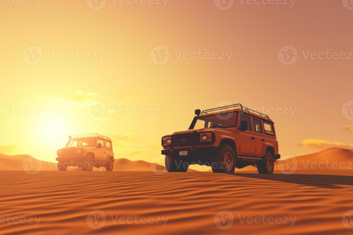 ai gegenereerd twee 4x4 voertuigen bashen kant naar kant door de woestijn duinen in de avond zon foto
