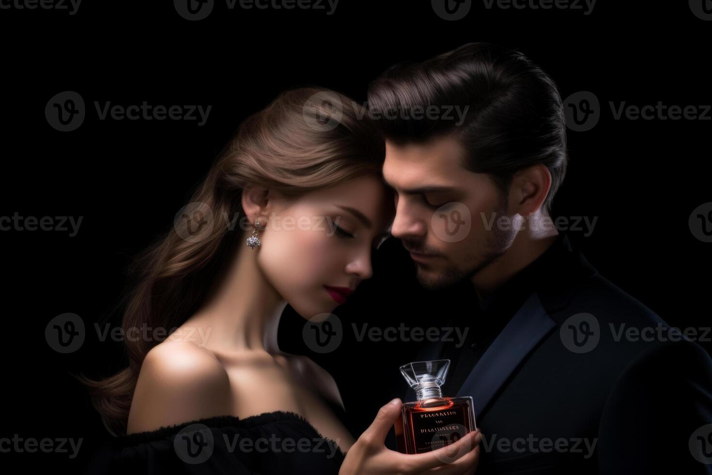 ai gegenereerd elegant paar met parfum Aan zwart achtergrond foto