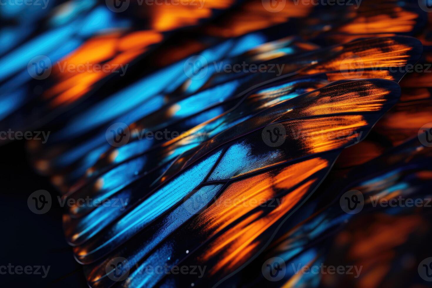 ai gegenereerd detailopname vlinder vleugel met blauw en oranje kleuren Aan zwart achtergrond foto