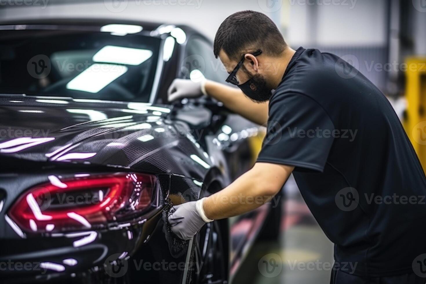 ai gegenereerd werknemer is van toepassing keramisch coating naar grijs auto Bij detaillering studio foto