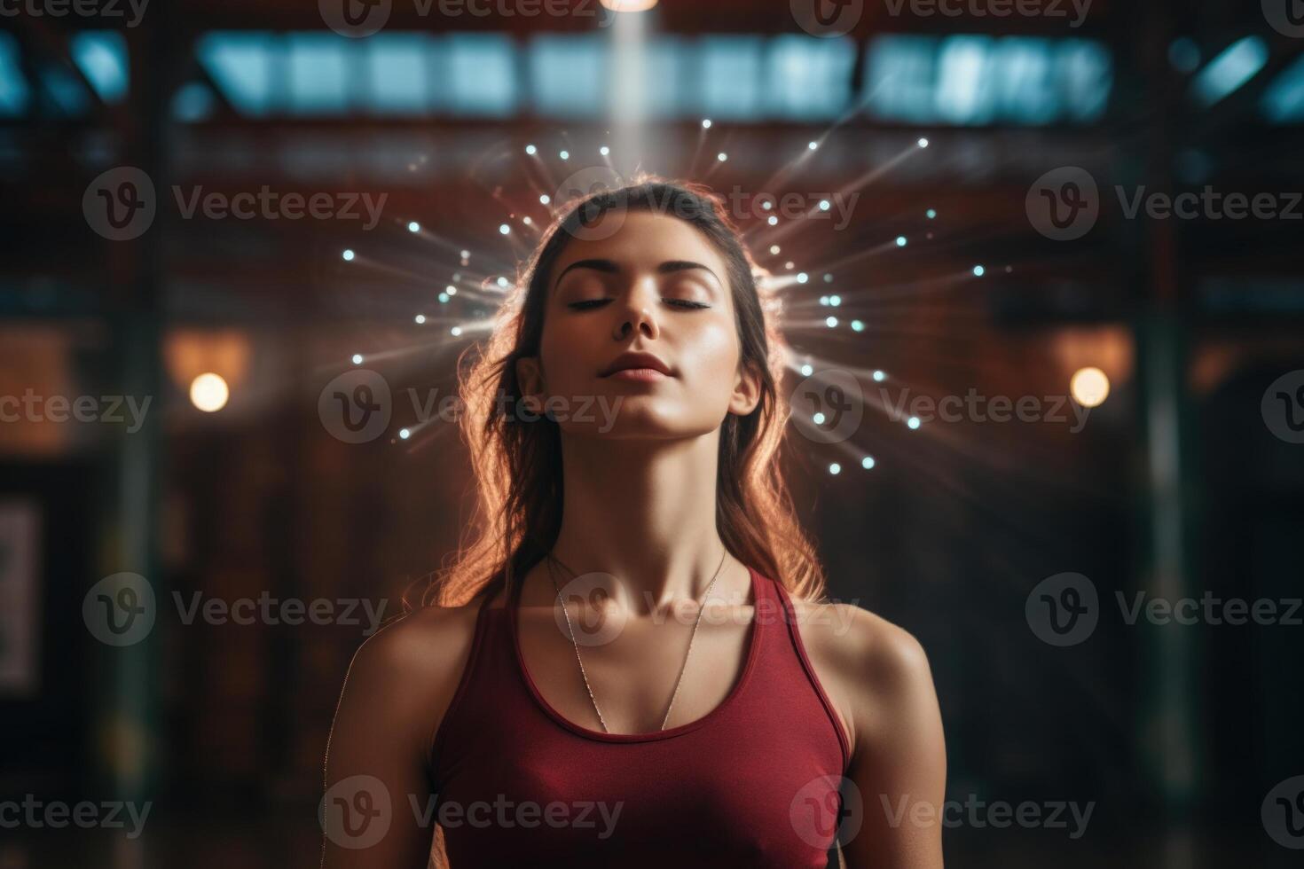 ai gegenereerd vrouw beoefenen yoga met Gesloten ogen en aanraken ajna chakra. foto