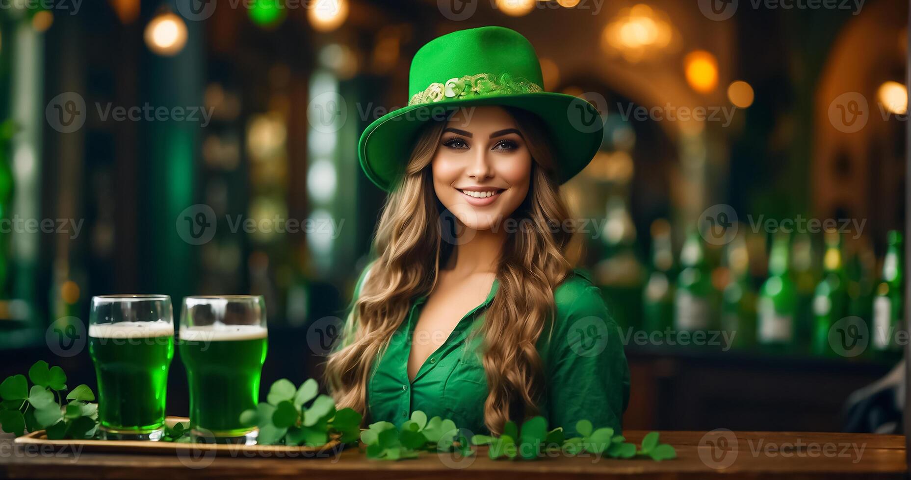 ai gegenereerd mooi meisje met een glas van groen bier, vervelend een hoed met Klaver bladeren achtergrond foto