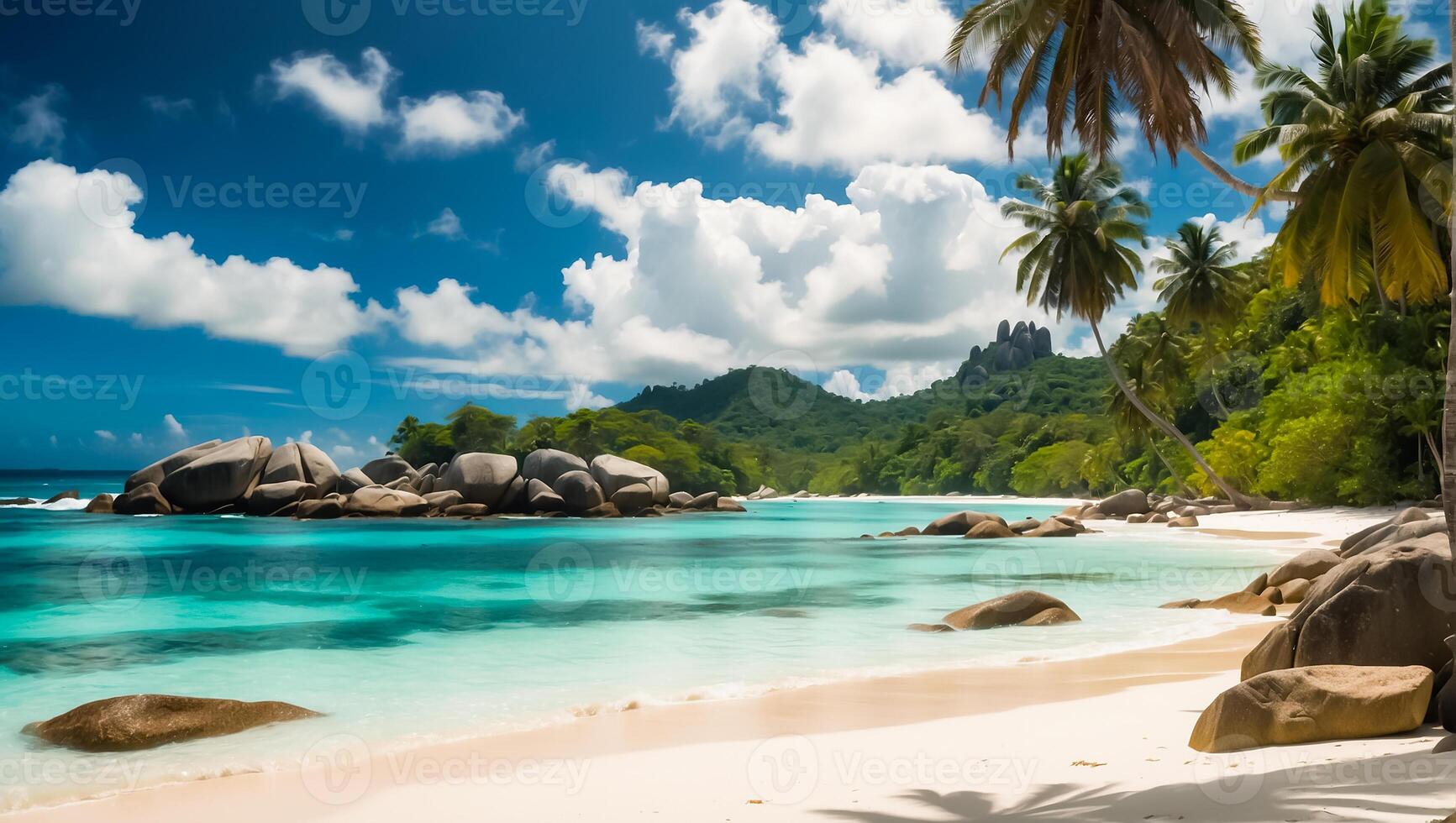 ai gegenereerd prachtig zonnig strand in Seychellen foto