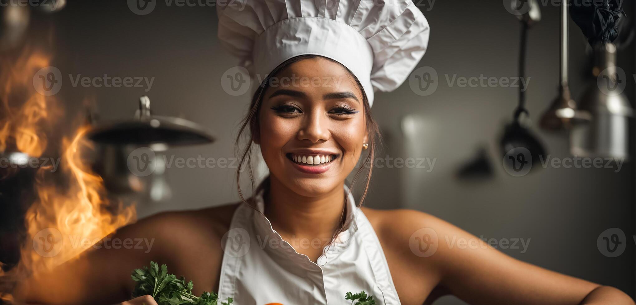 ai gegenereerd gelukkig vrouw koken in restaurant keuken foto