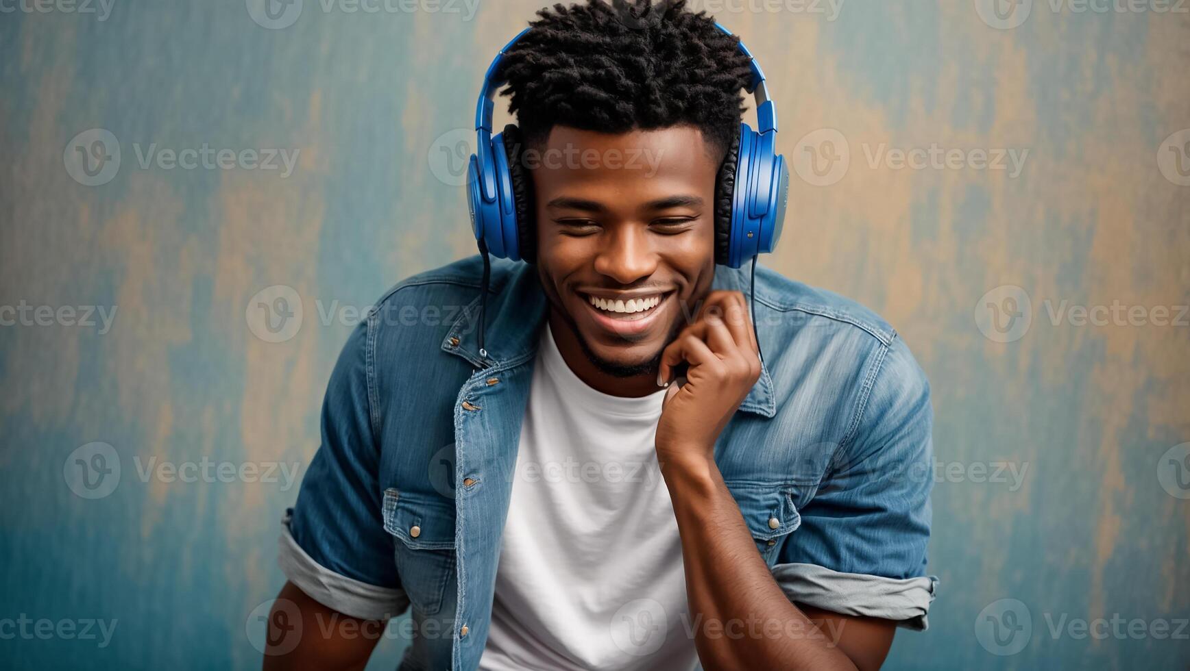 ai gegenereerd portret van een gelukkig Afrikaanse Amerikaans Mens in hoofdtelefoons foto