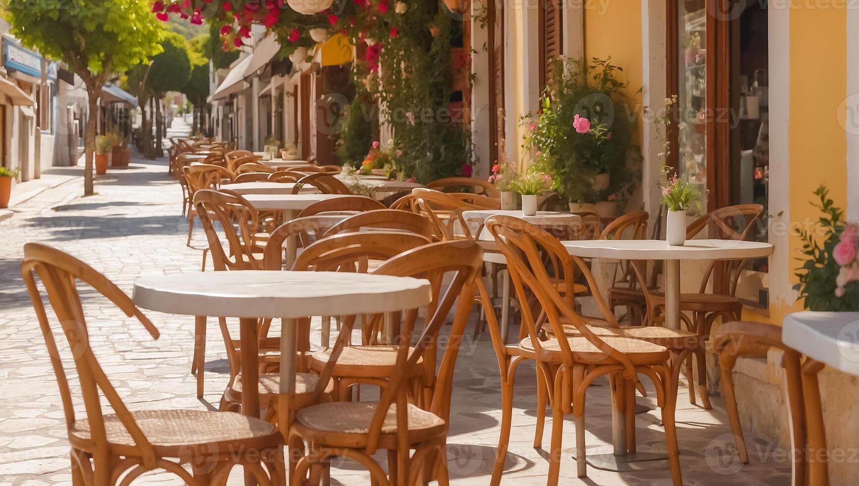 ai gegenereerd zomer cafe Aan de straat in Griekenland foto