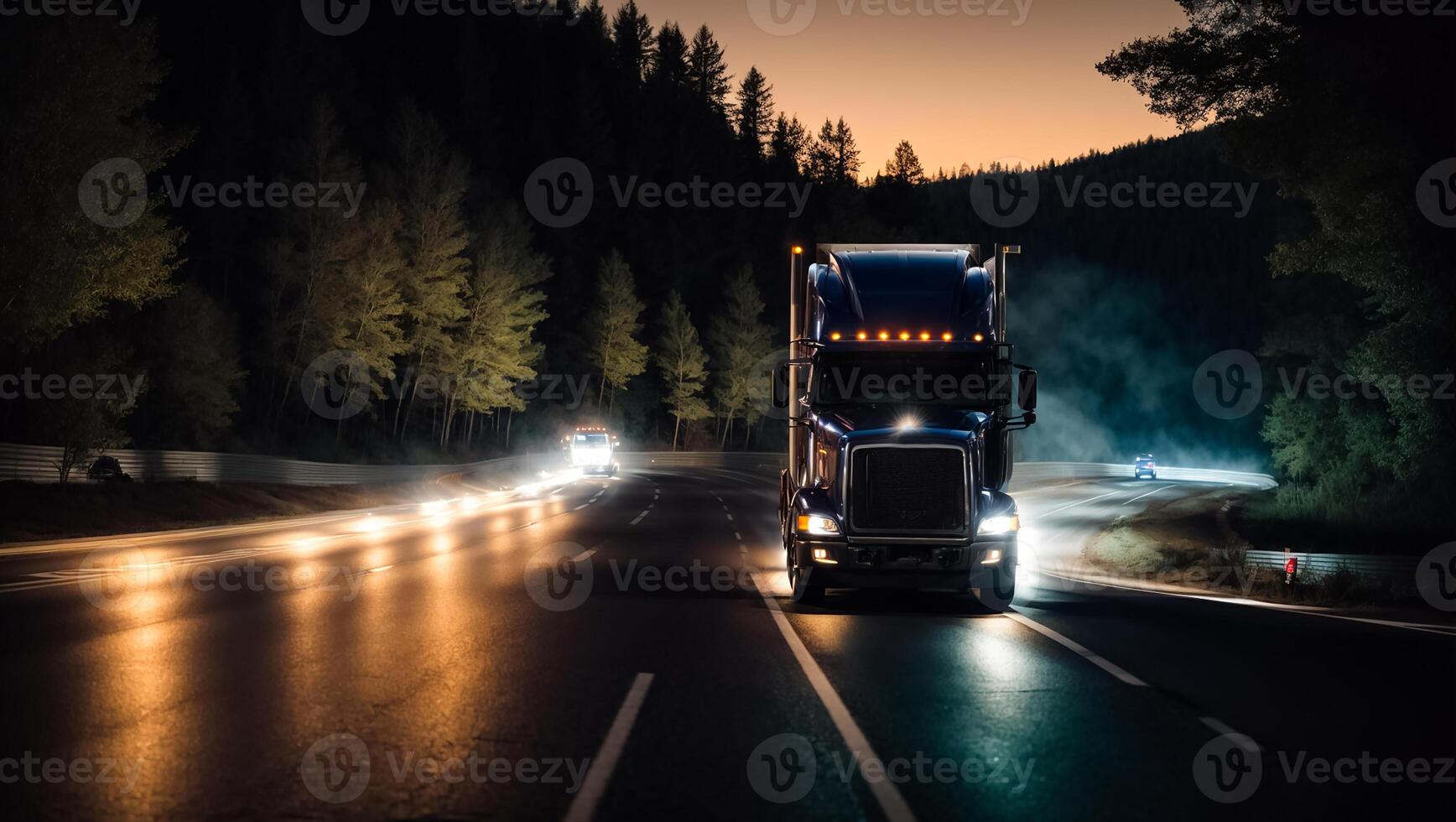 ai gegenereerd modern vrachtauto het rijden Aan de weg Bij nacht in zomer foto