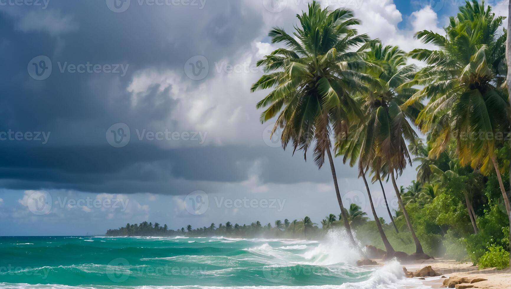 ai gegenereerd sterk wind tropisch storm palm bomen, oceaan kust foto