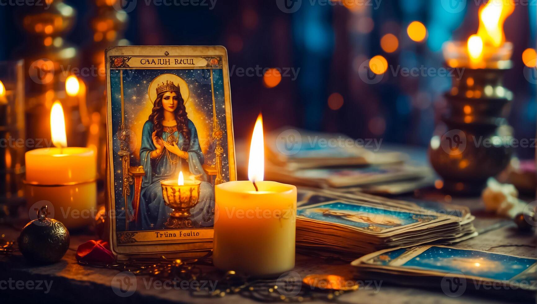 ai gegenereerd tarot kaarten, kaarsen achtergrond foto