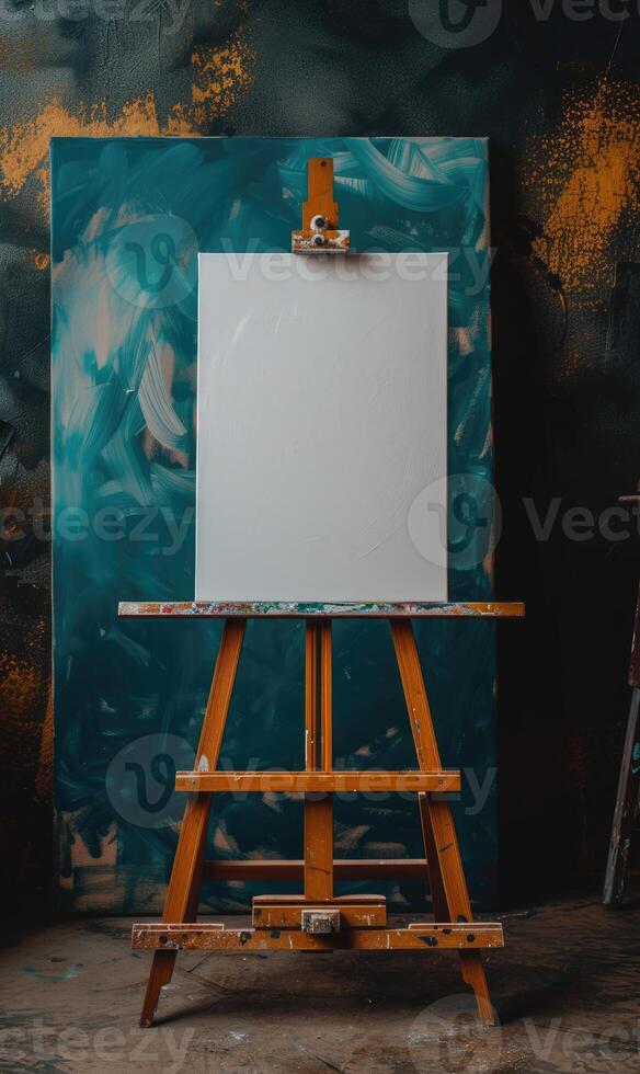 ai gegenereerd een ezel met een blanco wit canvas in een kunst studio foto