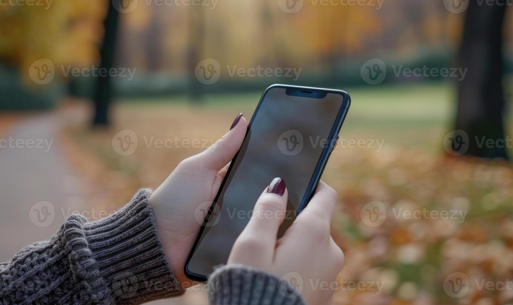 ai gegenereerd vrouw hand- Holding smartphone met blanco scherm Aan natuur achtergrond. bespotten omhoog foto