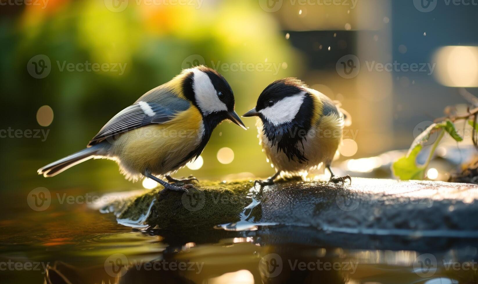 ai gegenereerd twee Super goed tit vogels, parus belangrijk, drinken water van een fontein. foto