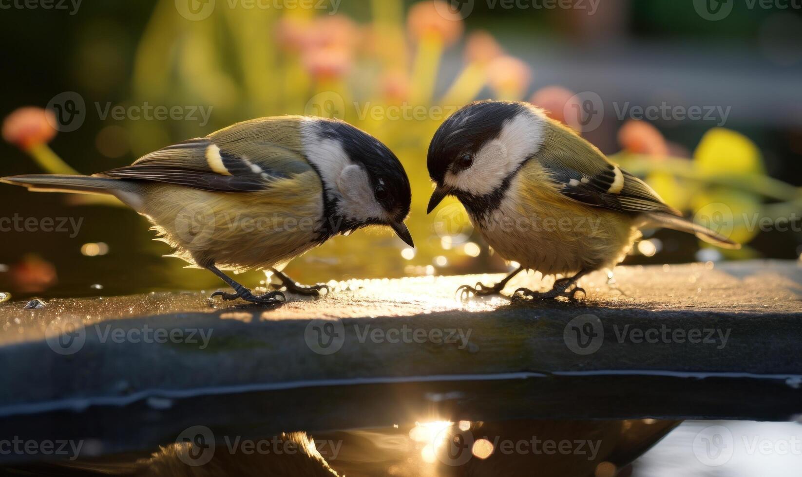 ai gegenereerd twee blauw tit vogelstand zittend in water foto