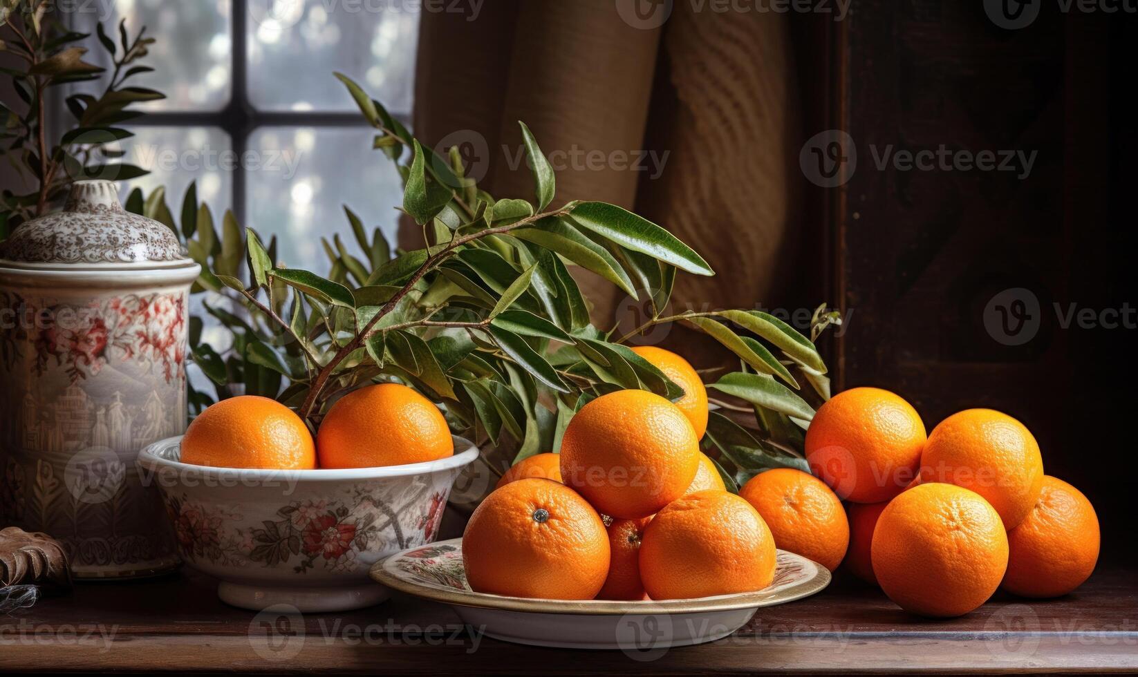 ai gegenereerd vers mandarijnen met groen bladeren Aan houten tafel. donker rustiek stijl. foto