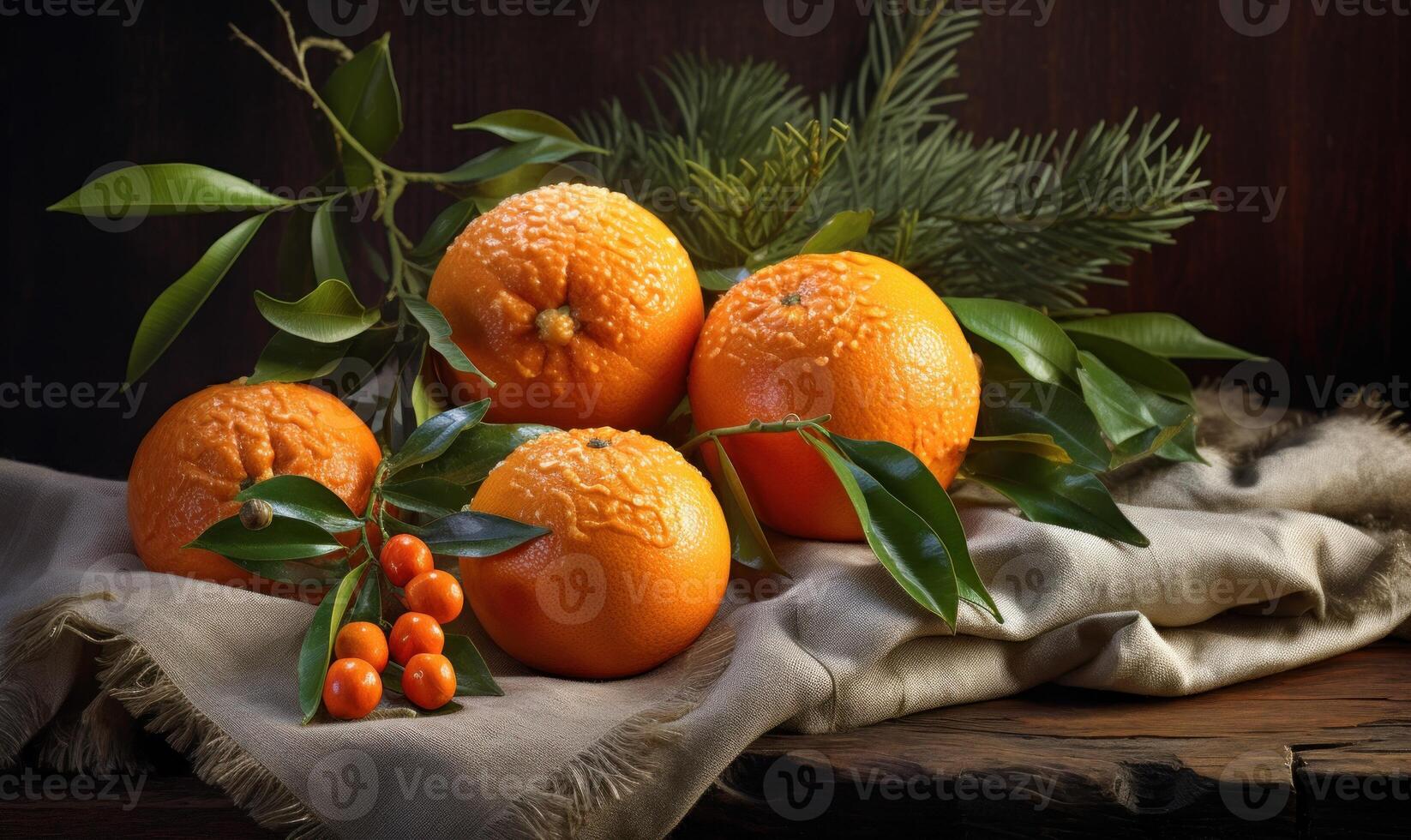 ai gegenereerd rijp mandarijnen met bladeren en zee duindoorn bessen Aan houten achtergrond foto