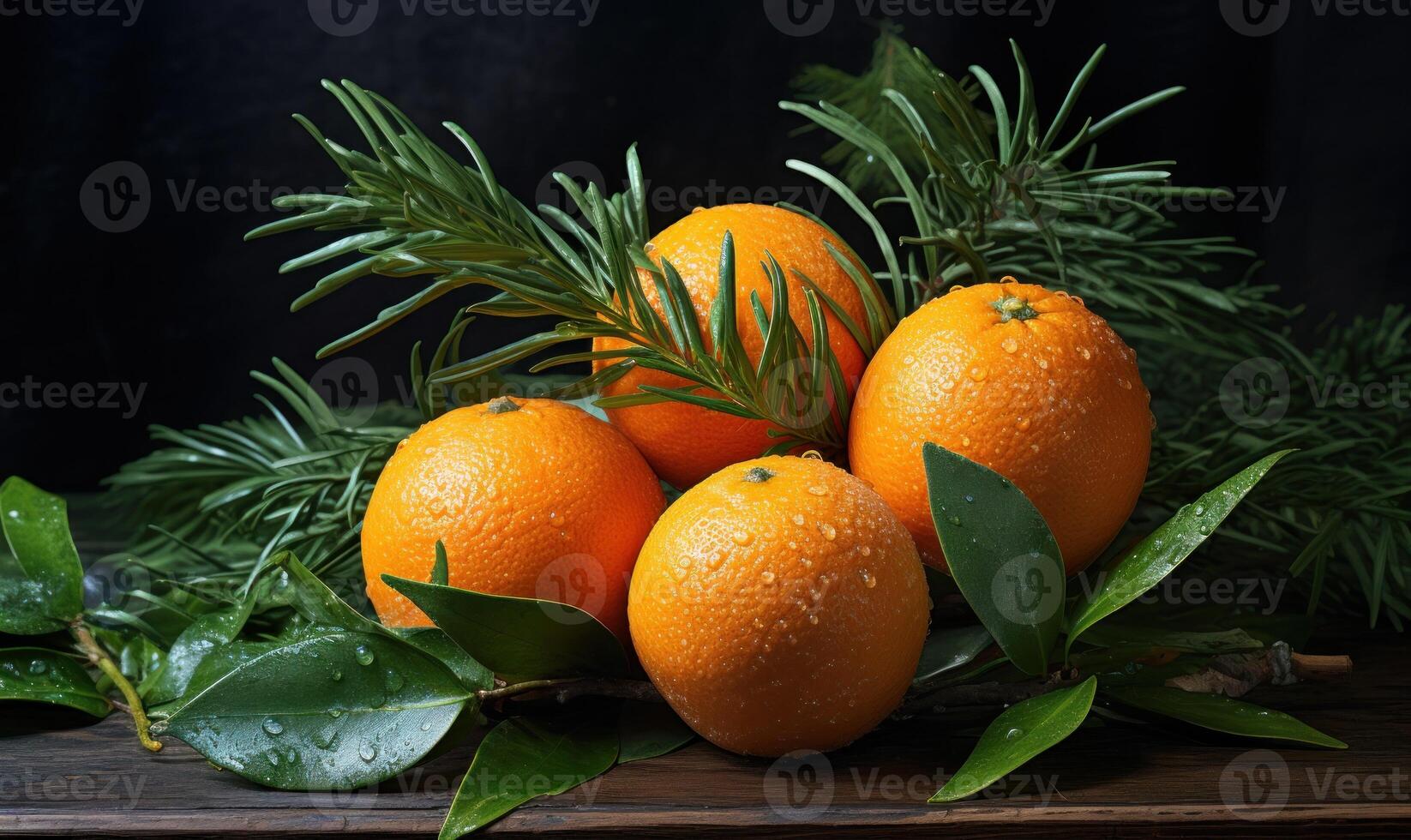 ai gegenereerd Kerstmis nog steeds leven met mandarijnen en Spar takken Aan donker achtergrond foto