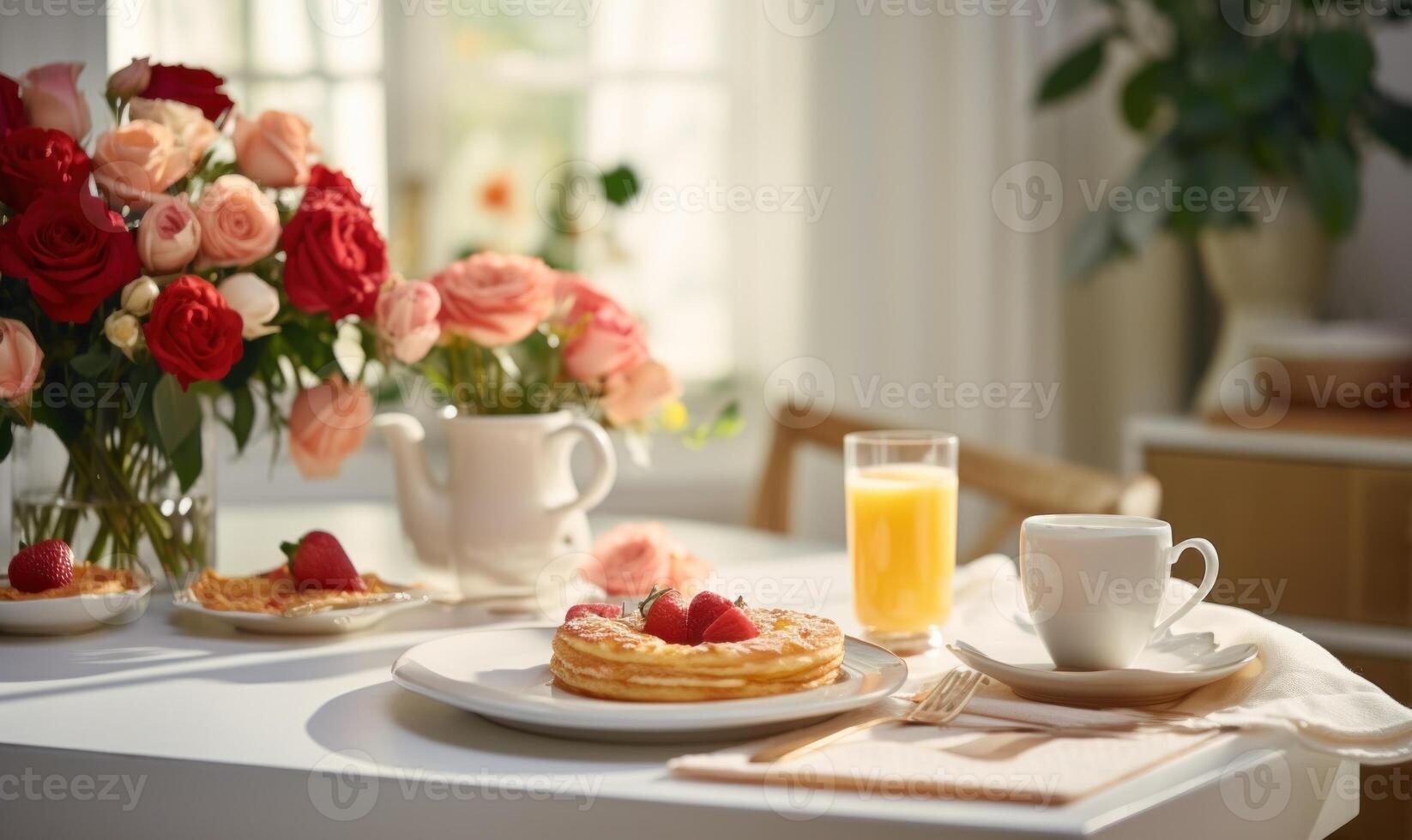 ai gegenereerd een kop van koffie Aan een houten tafel met een boeket van rozen in de achtergrond foto