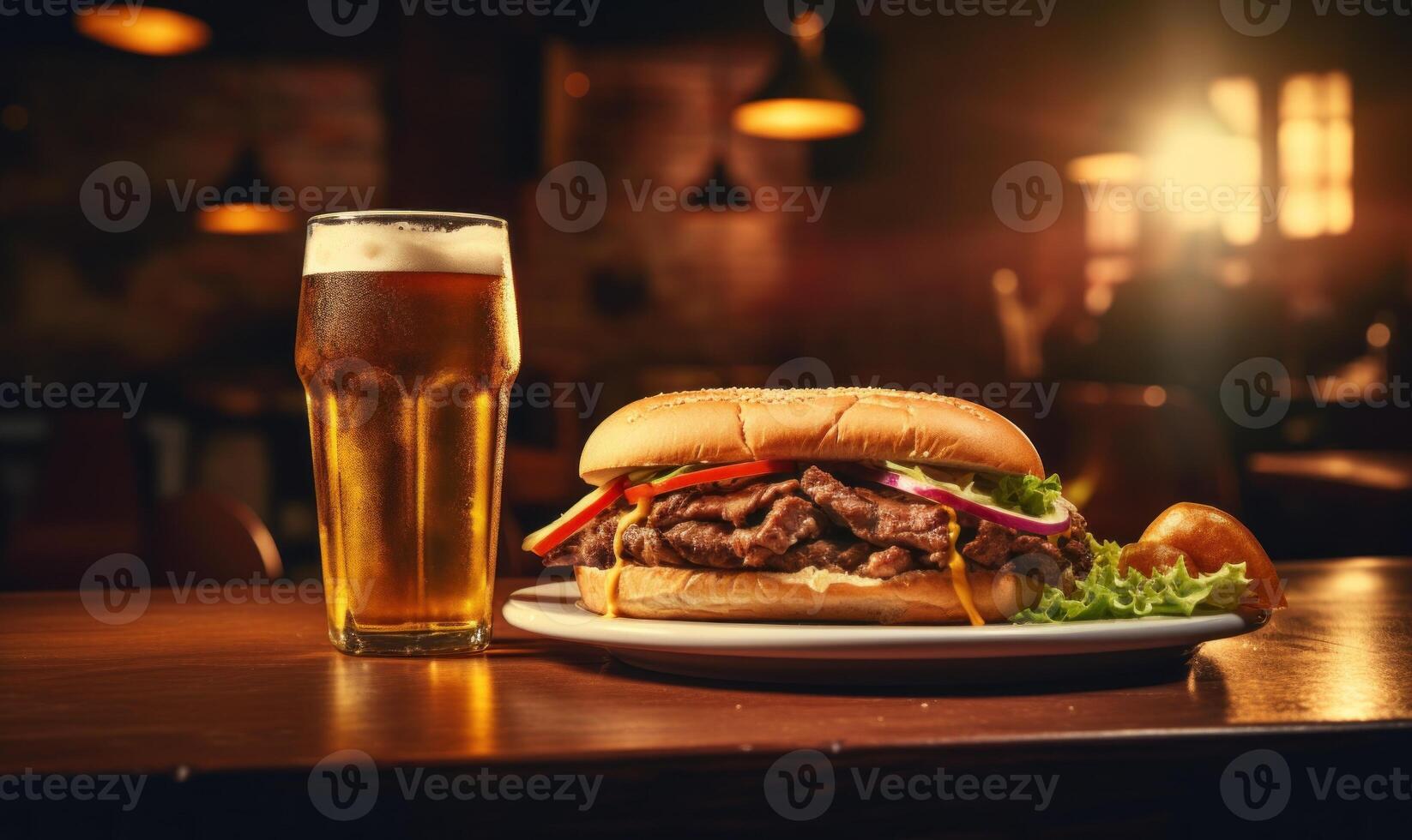 ai gegenereerd Hamburger met Frans Patat en een glas van bier in een kroeg foto