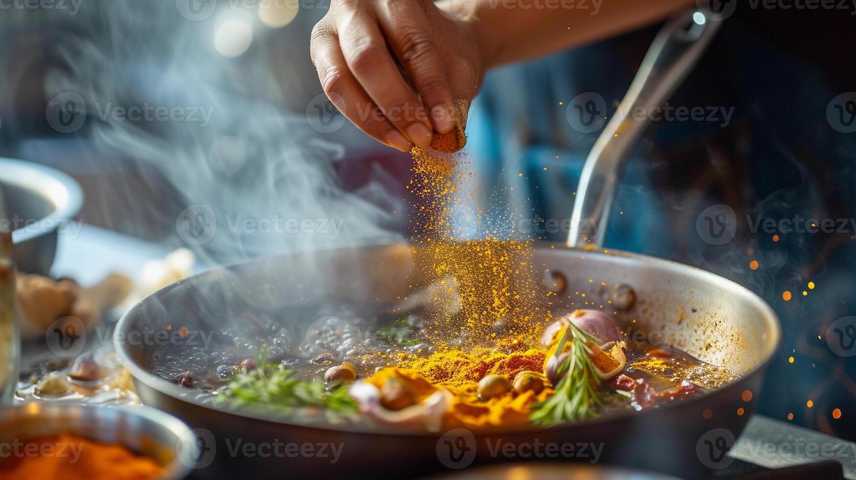 ai gegenereerd Koken actie met kruiden, achtergrond afbeelding, generatief ai foto