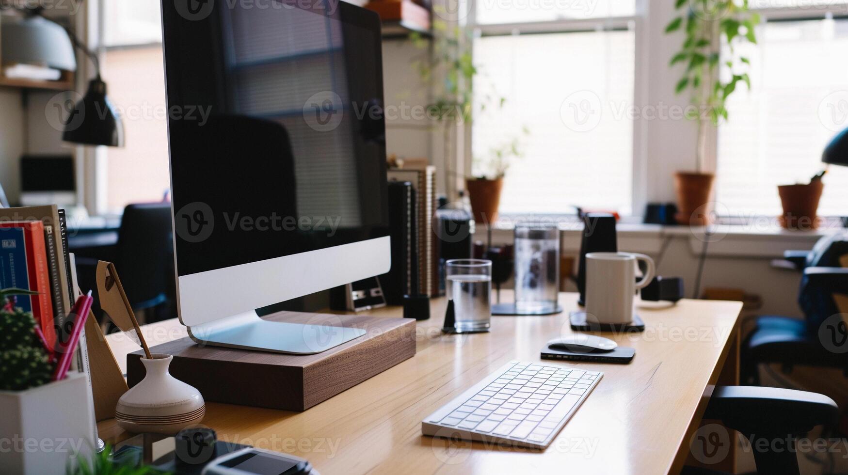 ai gegenereerd werkruimte technologie, hoogtepunt de integratie van technologie in de kantoor, achtergrond afbeelding, generatief ai foto