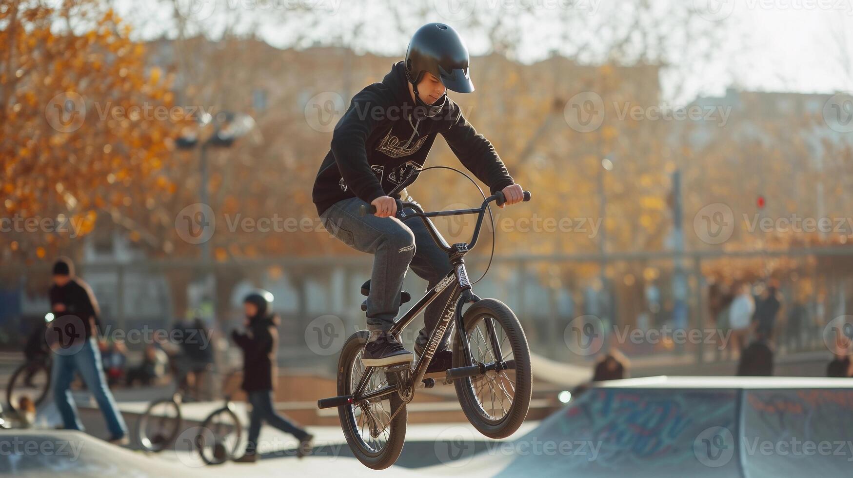 ai gegenereerd bmx trucs, zacht focus lens, bmx rijder het uitvoeren van trucs in een skatepark of stedelijk instelling, achtergrond afbeelding, generatief ai foto