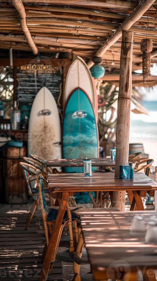 ai gegenereerd fotograaf een strand cafe met surfplanken net zo decor, achtergrond afbeelding, generatief ai foto