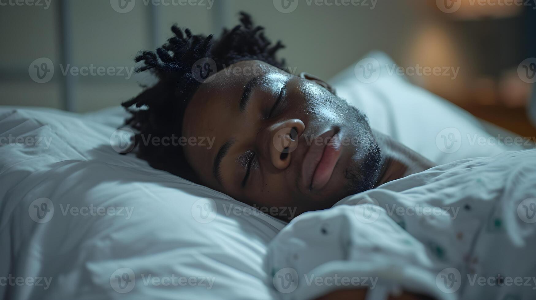 ai gegenereerd portret van een jong zwart mannetje slapen ziek in een ziekenhuis bed met een gepijnigd gezicht, achtergrond afbeelding, ai gegenereerd foto