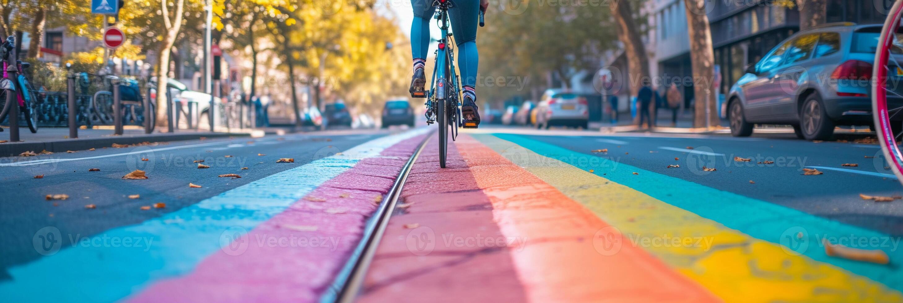 ai gegenereerd fiets rijbaan avontuur, fietser rijden naar beneden een toegewezen fiets rijbaan in een stedelijk instelling, achtergrond afbeelding, generatief ai foto