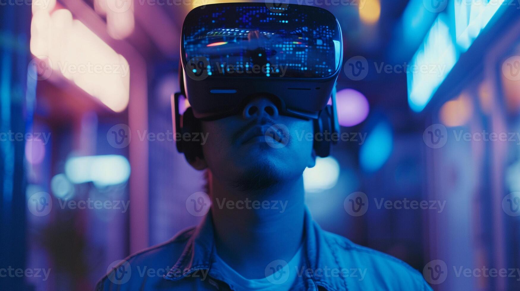 ai gegenereerd virtueel realiteit verkenning, vastleggen iemand vervelend een vr koptelefoon, achtergrond afbeelding, generatief ai foto