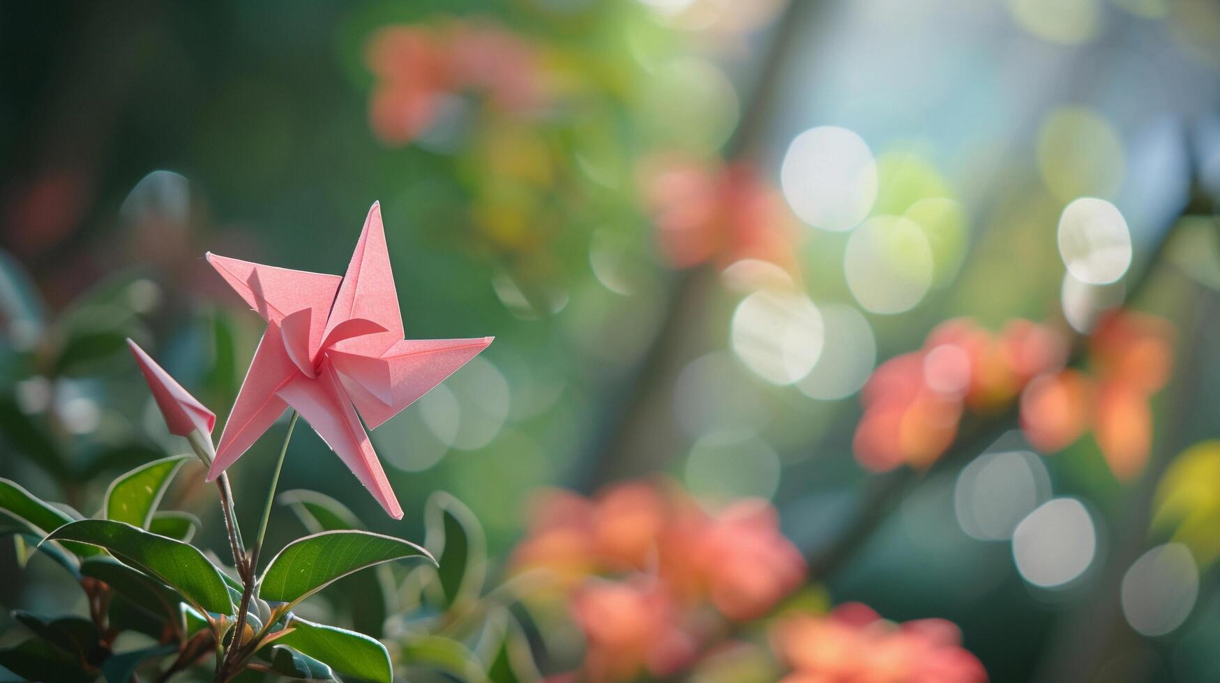 ai gegenereerd origami tuin, illustreren een betoverend tuin tafereel met origami bloemen, planten en vlinders, achtergrond afbeelding, generatief ai foto