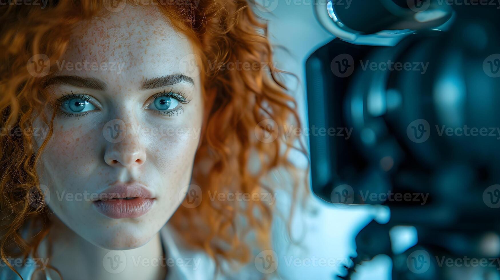 ai gegenereerd portret van een rood gekruld haar- wit vrouw verslaggever in actie, achtergrond afbeelding, ai gegenereerd foto